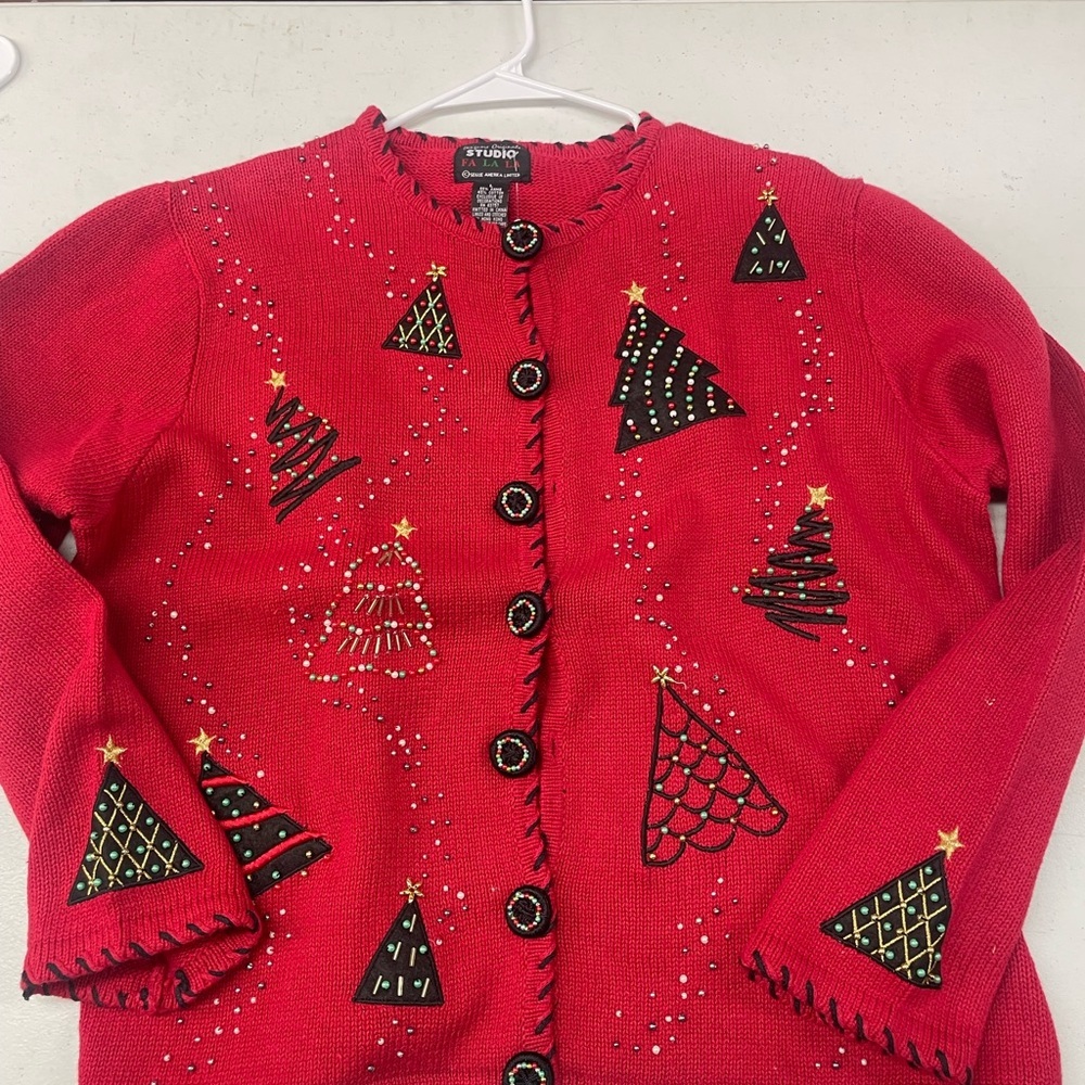 Vintage Studio Red Holiday Cardigan with Beaded Accents